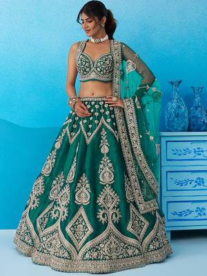 Green- Silk Beads & Sequins Embroidered Semi-Stitched Lehenga  & Unstitched Blouse With Dupatta 1