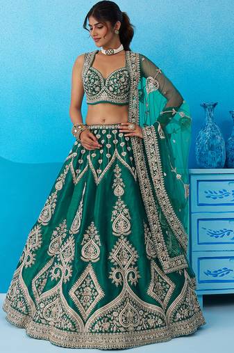 Green- Silk Beads & Sequins Embroidered Semi-Stitched Lehenga & Unstitched Blouse With Dupatta