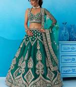 Green- Silk Beads & Sequins Embroidered Semi-Stitched Lehenga & Unstitched Blouse With Dupatta
