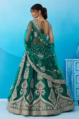 Green- Silk Beads & Sequins Embroidered Semi-Stitched Lehenga & Unstitched Blouse With Dupatta