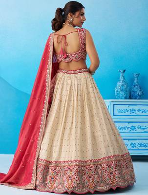 Cream- Jacquard Tissue Sequinned Thread & Embroidered Semi-Stitched Lehenga & Unstitched Blouse With Dupatta 4