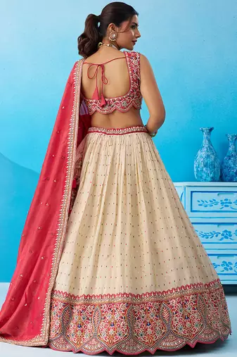 Cream- Jacquard Tissue Sequinned Thread & Embroidered Semi-Stitched Lehenga & Unstitched Blouse With Dupatta