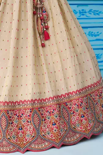Cream- Jacquard Tissue Sequinned Thread & Embroidered Semi-Stitched Lehenga & Unstitched Blouse With Dupatta