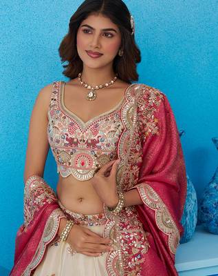 Cream- Tissue Sequins Embroidered Semi-Stitched Lehenga  & Unstitched Blouse With Dupatta 2