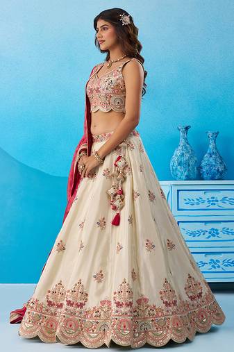 Cream- Tissue Sequins Embroidered Semi-Stitched Lehenga & Unstitched Blouse With Dupatta