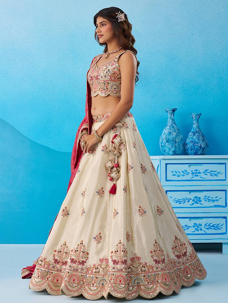 Cream- Tissue Sequins Embroidered Semi-Stitched Lehenga & Unstitched Blouse With Dupatta