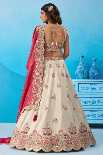 Cream- Tissue Sequins Embroidered Semi-Stitched Lehenga & Unstitched Blouse With Dupatta