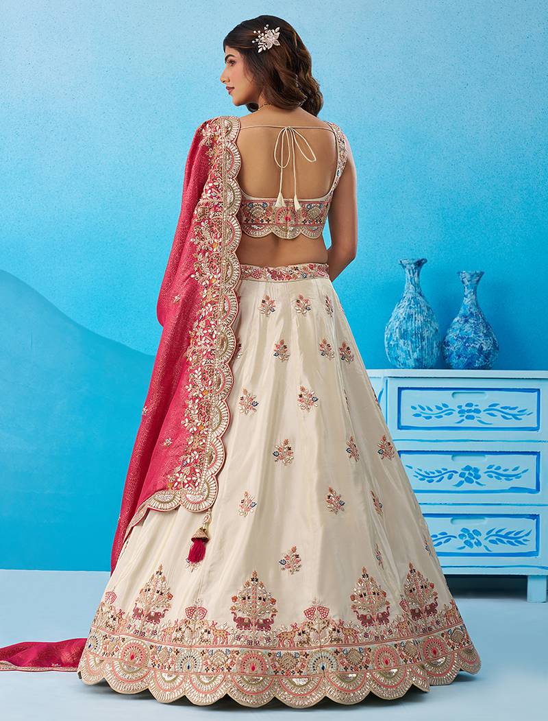 Cream- Tissue Sequins Embroidered Semi-Stitched Lehenga & Unstitched Blouse With Dupatta