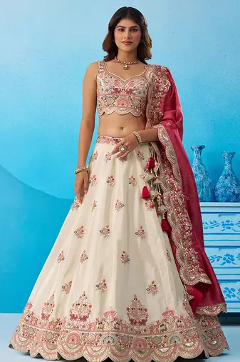 Cream- Tissue Sequins Embroidered Semi-Stitched Lehenga & Unstitched Blouse With Dupatta