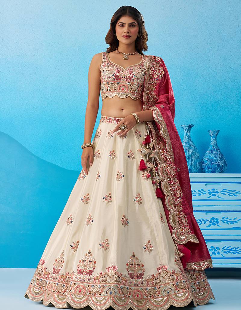 Cream- Tissue Sequins Embroidered Semi-Stitched Lehenga & Unstitched Blouse With Dupatta