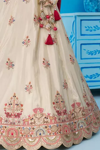 Cream- Tissue Sequins Embroidered Semi-Stitched Lehenga & Unstitched Blouse With Dupatta