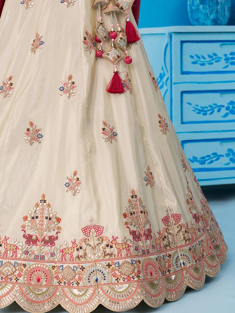 Cream- Tissue Sequins Embroidered Semi-Stitched Lehenga & Unstitched Blouse With Dupatta