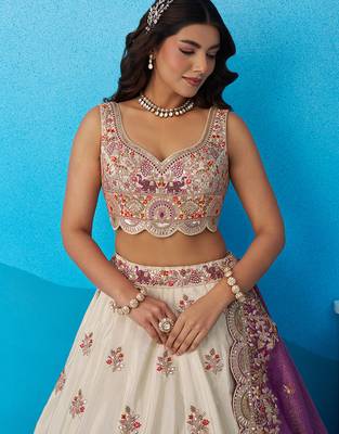 Cream- Tissue Sequins Embroidered Semi-Stitched Lehenga  & Unstitched Blouse With Dupatta 2