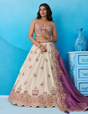 Cream- Tissue Sequins Embroidered Semi-Stitched Lehenga  & Unstitched Blouse With Dupatta 3