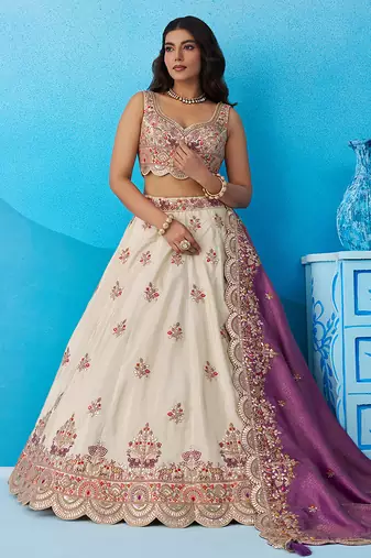 Cream- Tissue Sequins Embroidered Semi-Stitched Lehenga  & Unstitched Blouse With Dupatta