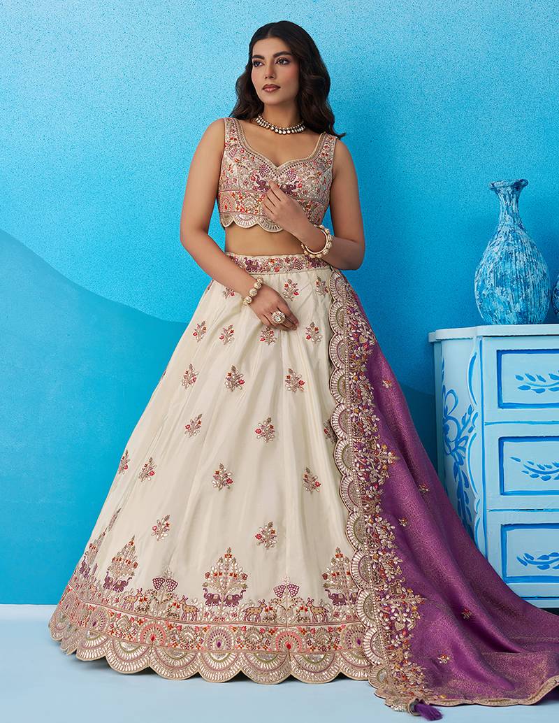 Cream- Tissue Sequins Embroidered Semi-Stitched Lehenga & Unstitched Blouse With Dupatta