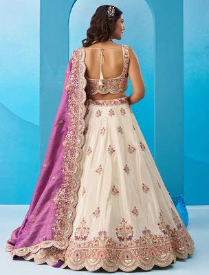 Cream- Tissue Sequins Embroidered Semi-Stitched Lehenga  & Unstitched Blouse With Dupatta 4