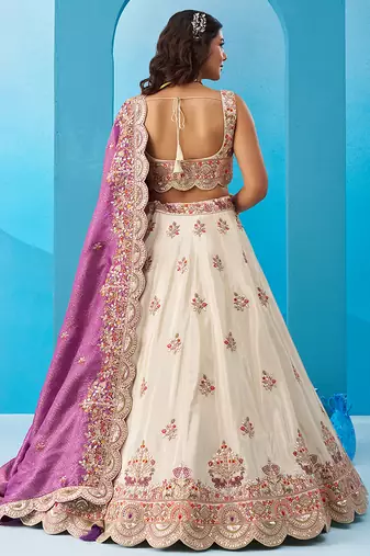 Cream- Tissue Sequins Embroidered Semi-Stitched Lehenga  & Unstitched Blouse With Dupatta
