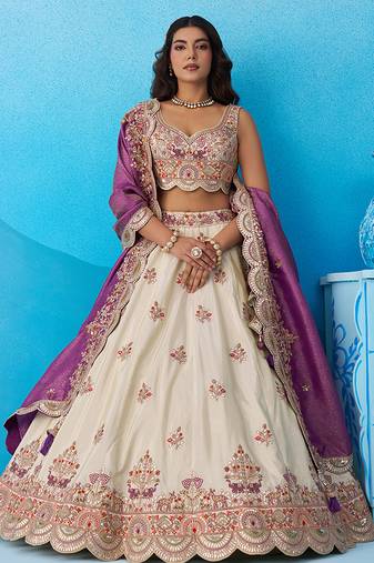 Cream- Tissue Sequins Embroidered Semi-Stitched Lehenga & Unstitched Blouse With Dupatta