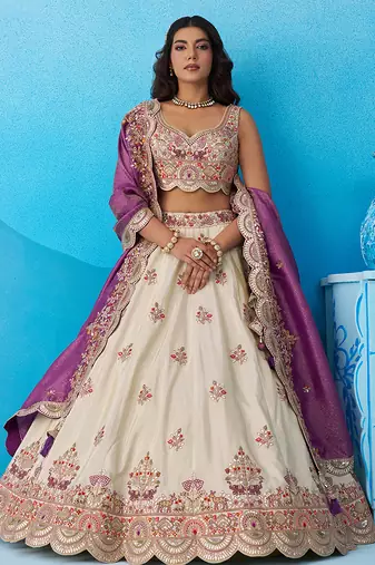 Cream- Tissue Sequins Embroidered Semi-Stitched Lehenga & Unstitched Blouse With Dupatta