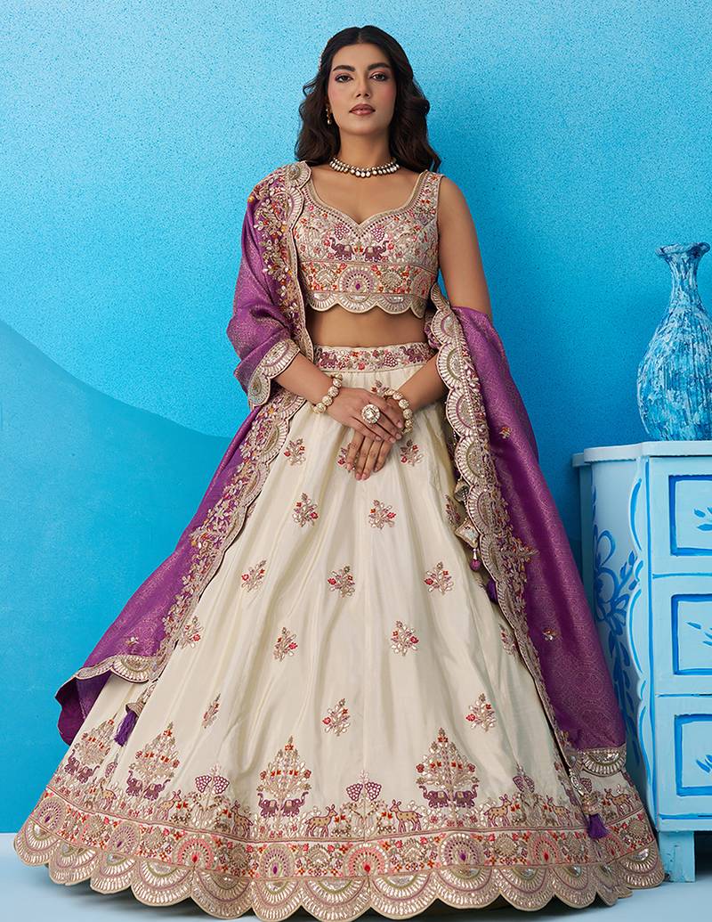 Cream- Tissue Sequins Embroidered Semi-Stitched Lehenga & Unstitched Blouse With Dupatta