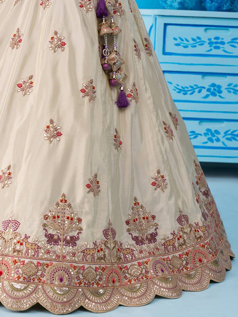 Cream- Tissue Sequins Embroidered Semi-Stitched Lehenga & Unstitched Blouse With Dupatta