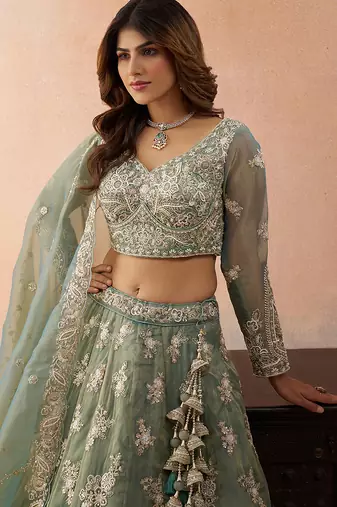 Seagreen- Tissue Beads & Sequins Embroidered Semi-Stitched Lehenga & Unstitched Blouse With Dupatta