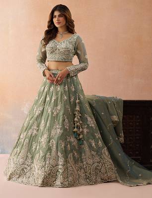 Seagreen- Tissue Beads & Sequins Embroidered Semi-Stitched Lehenga  & Unstitched Blouse With Dupatta 2