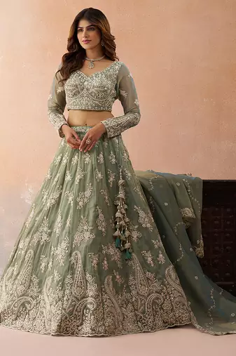 Seagreen- Tissue Beads & Sequins Embroidered Semi-Stitched Lehenga & Unstitched Blouse With Dupatta