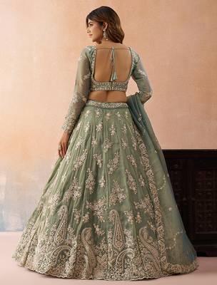 Seagreen- Tissue Beads & Sequins Embroidered Semi-Stitched Lehenga  & Unstitched Blouse With Dupatta 3
