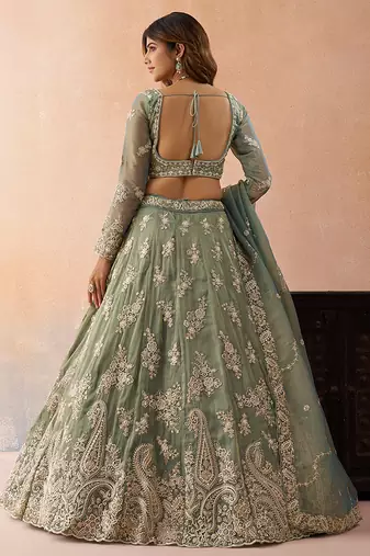Seagreen- Tissue Beads & Sequins Embroidered Semi-Stitched Lehenga & Unstitched Blouse With Dupatta