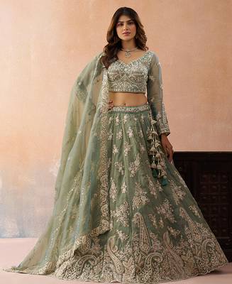Seagreen- Tissue Beads & Sequins Embroidered Semi-Stitched Lehenga  & Unstitched Blouse With Dupatta 4