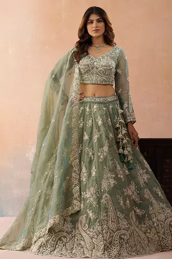 Seagreen- Tissue Beads & Sequins Embroidered Semi-Stitched Lehenga & Unstitched Blouse With Dupatta