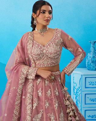 Pink- Tissue Beads & Sequins Embroidered Semi-Stitched Lehenga  & Unstitched Blouse With Dupatta 2