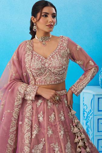 Pink- Tissue Beads & Sequins Embroidered Semi-Stitched Lehenga & Unstitched Blouse With Dupatta