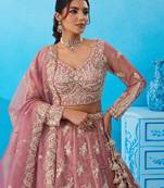 Pink- Tissue Beads & Sequins Embroidered Semi-Stitched Lehenga & Unstitched Blouse With Dupatta