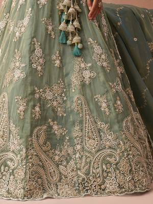 Seagreen- Tissue Beads & Sequins Embroidered Semi-Stitched Lehenga  & Unstitched Blouse With Dupatta 5