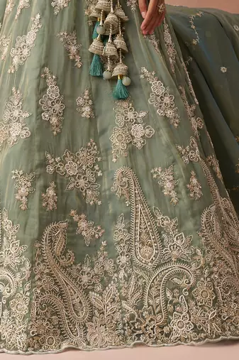 Seagreen- Tissue Beads & Sequins Embroidered Semi-Stitched Lehenga & Unstitched Blouse With Dupatta