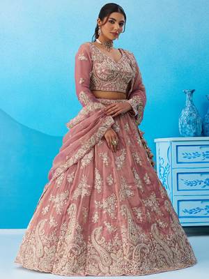 Pink- Tissue Beads & Sequins Embroidered Semi-Stitched Lehenga  & Unstitched Blouse With Dupatta 3