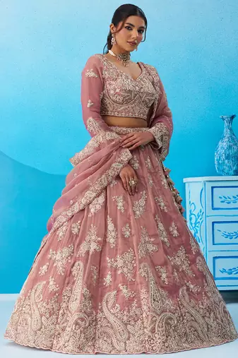Pink- Tissue Beads & Sequins Embroidered Semi-Stitched Lehenga & Unstitched Blouse With Dupatta