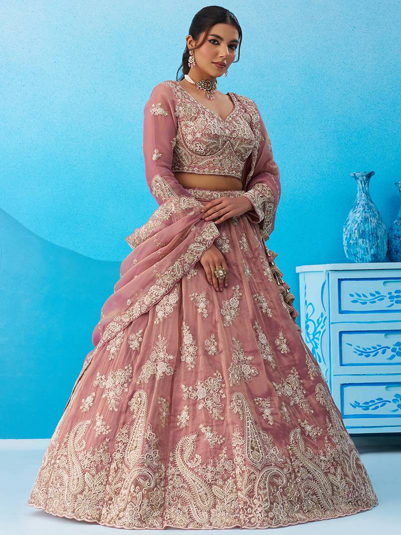 Pink- Tissue Beads & Sequins Embroidered Semi-Stitched Lehenga & Unstitched Blouse With Dupatta