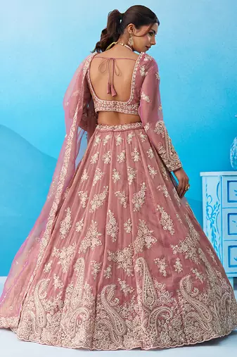 Pink- Tissue Beads & Sequins Embroidered Semi-Stitched Lehenga & Unstitched Blouse With Dupatta