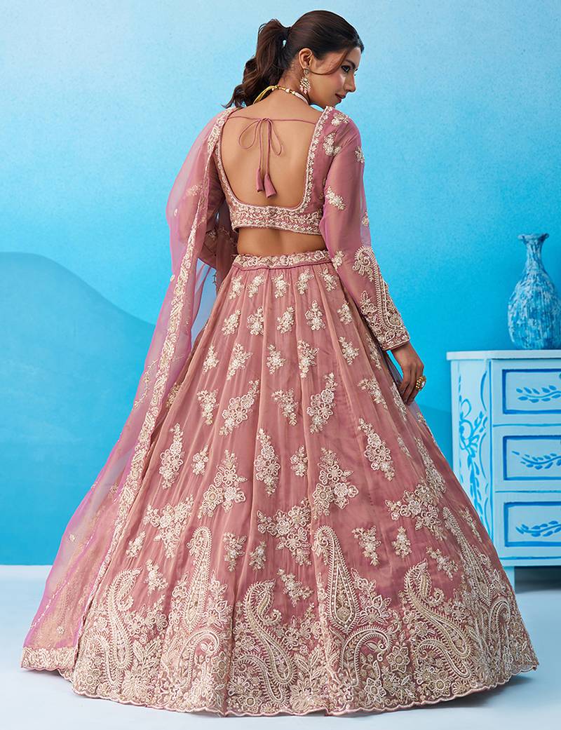 Pink- Tissue Beads & Sequins Embroidered Semi-Stitched Lehenga & Unstitched Blouse With Dupatta