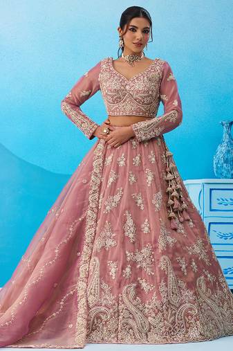 Pink- Tissue Beads & Sequins Embroidered Semi-Stitched Lehenga & Unstitched Blouse With Dupatta