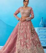 Pink- Tissue Beads & Sequins Embroidered Semi-Stitched Lehenga & Unstitched Blouse With Dupatta