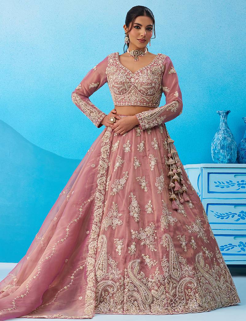 Pink- Tissue Beads & Sequins Embroidered Semi-Stitched Lehenga & Unstitched Blouse With Dupatta