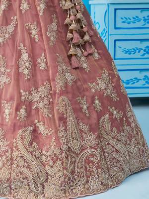 Pink- Tissue Beads & Sequins Embroidered Semi-Stitched Lehenga  & Unstitched Blouse With Dupatta 5