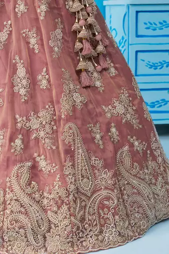 Pink- Tissue Beads & Sequins Embroidered Semi-Stitched Lehenga & Unstitched Blouse With Dupatta