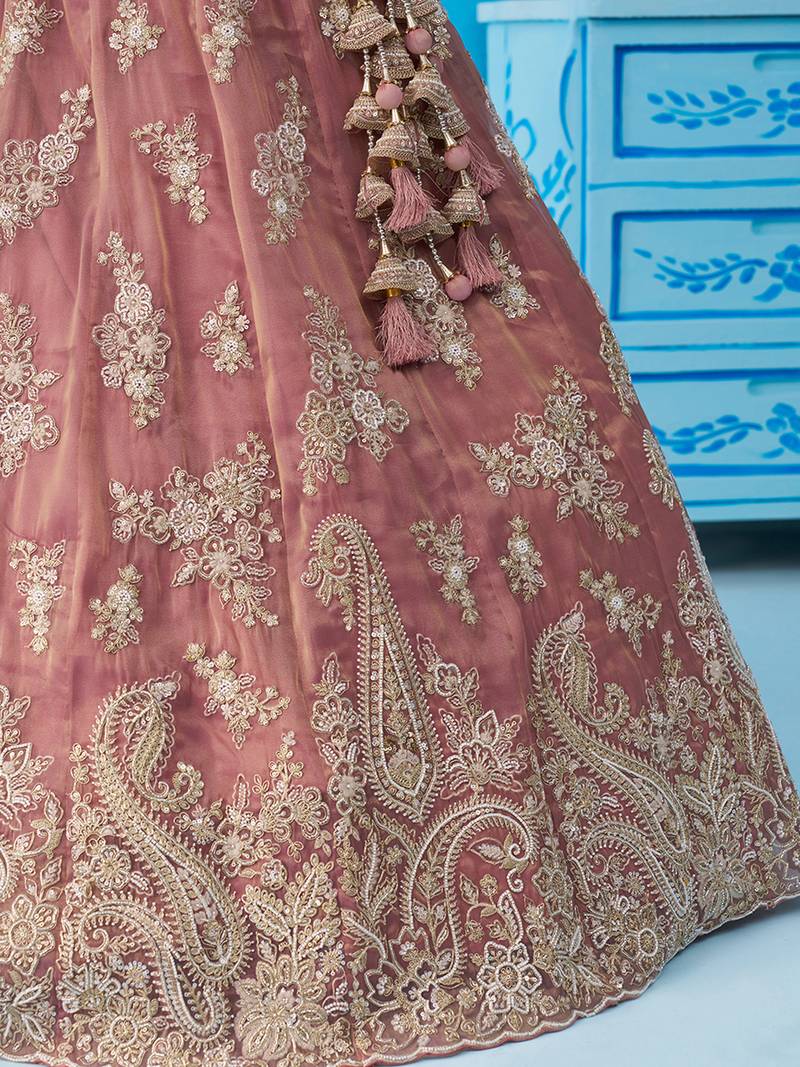 Pink- Tissue Beads & Sequins Embroidered Semi-Stitched Lehenga & Unstitched Blouse With Dupatta