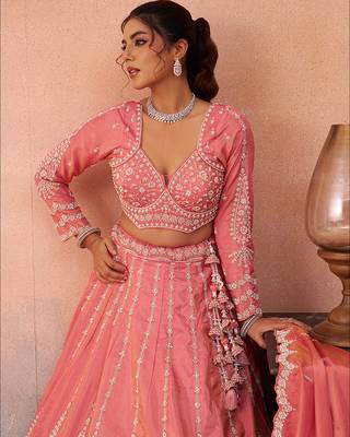 Peach- Tissue Beads & Sequins Embroidered Semi-Stitched Lehenga  & Unstitched Blouse With Dupatta 2